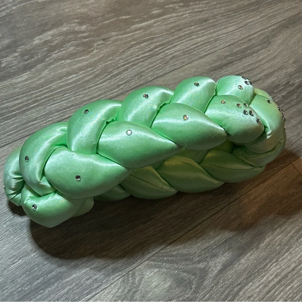 Green Satin Braid Headband With Rhinestones - One Size